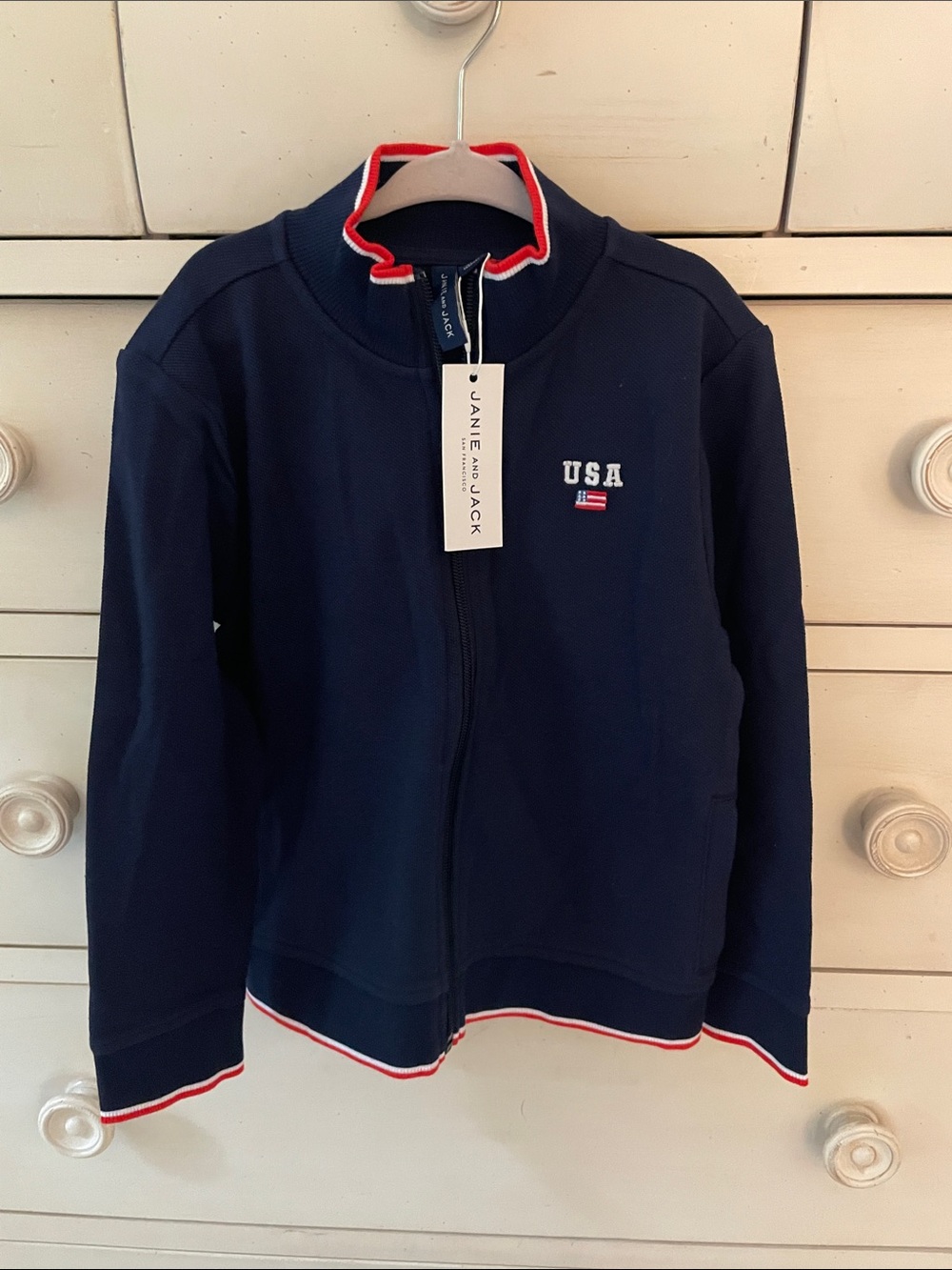 Janie and Jack Navy Zip-Front Hoodie with USA Embroidery and Red Trim Size 5 NWT